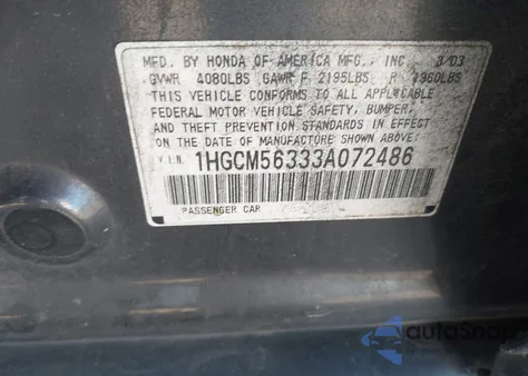 2003 Honda Accord 2.4 Lx from USA, damaged, VIN 1HGCM56333A072486